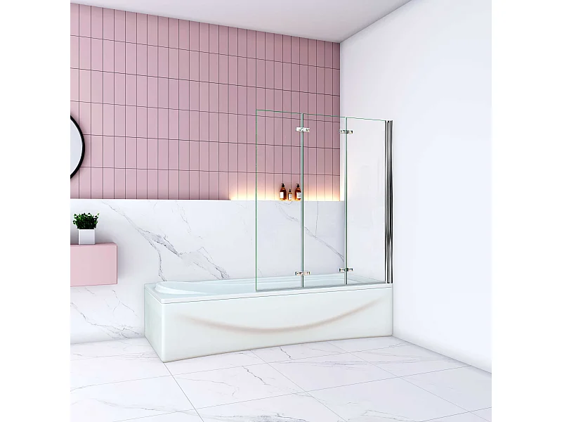 AICA Pare baignoire Chrome pivotant 180° à 3 volets –L130xH140cm — Installation réversible style industriel  –  6mm verre anticalcaire
