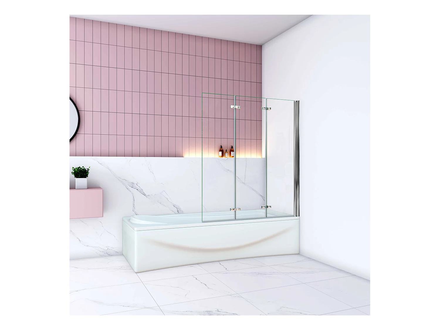 AICA Pare baignoire Chrome pivotant 180° à 3 volets –L130xH140cm — Installation réversible style industriel  –  6mm verre anticalcaire