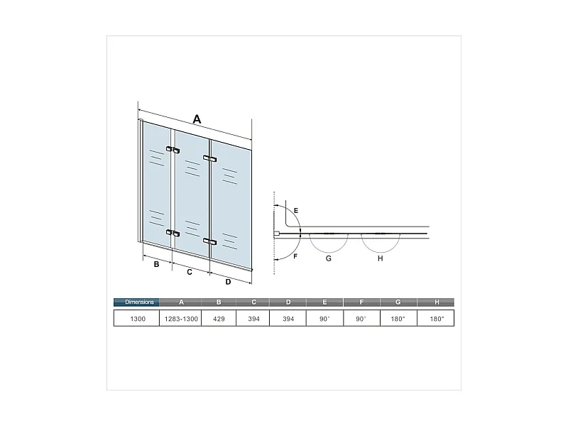 AICA Pare baignoire Chrome pivotant 180° à 3 volets –L130xH140cm — Installation réversible style industriel  –  6mm verre anticalcaire