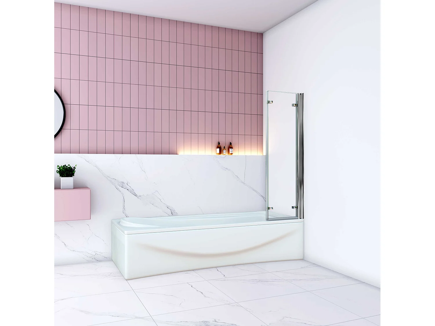 AICA Pare baignoire Chrome pivotant 180° à 3 volets –L130xH140cm — Installation réversible style industriel  –  6mm verre anticalcaire