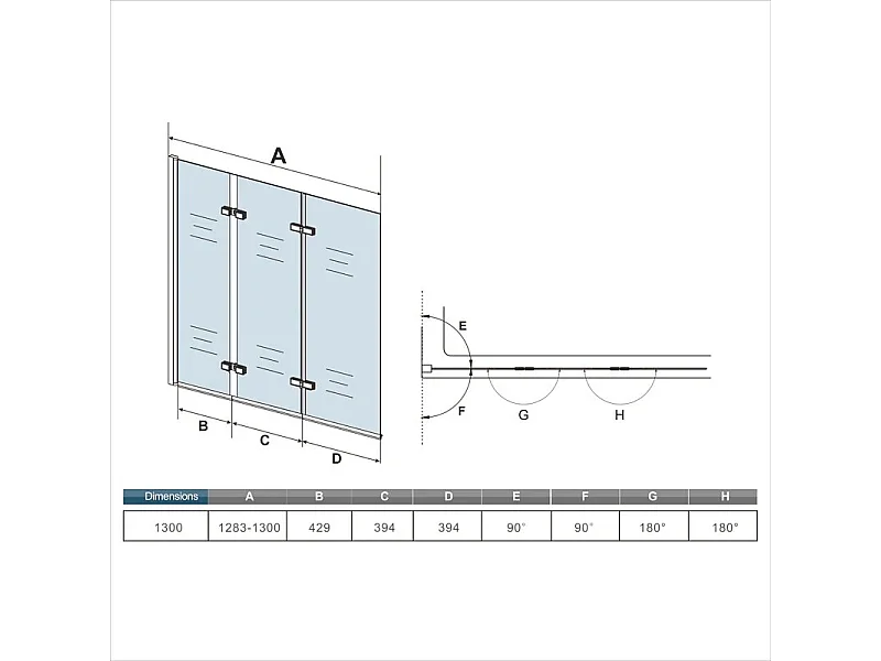 AICA Pare baignoire Chrome pivotant 180° à 3 volets –L130xH140cm — Installation réversible style industriel  –  6mm verre anticalcaire