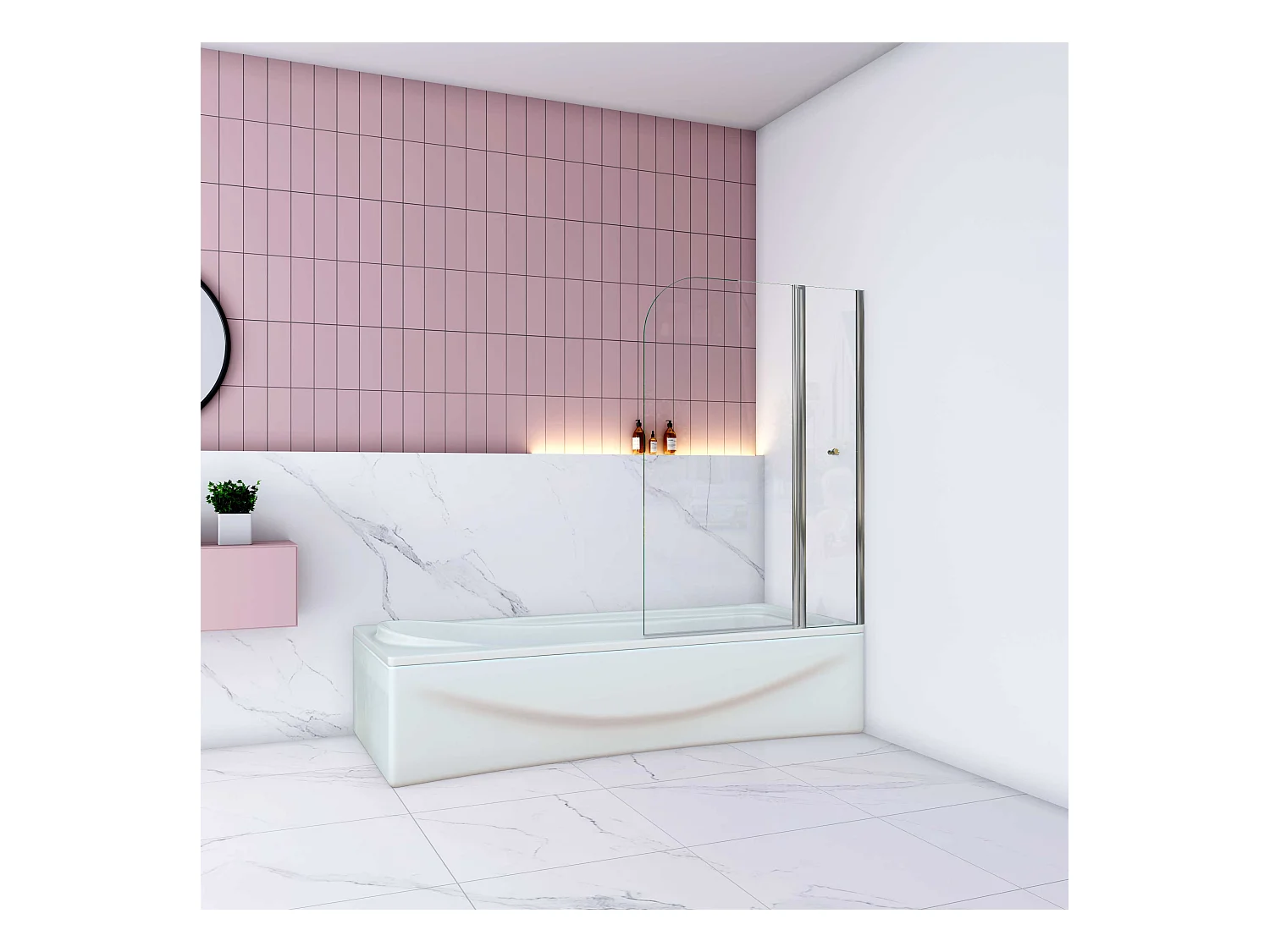 AICA Pare baignoire Chrome au angle arrondis pivotant 180°– L100xH140cm —5mm verre trempé style industriel—Pose réversible avec porte-serviette