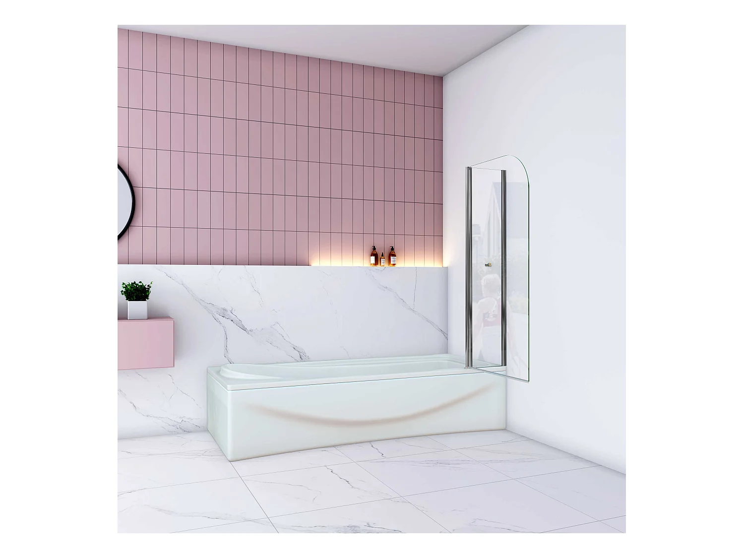 AICA Pare baignoire Chrome au angle arrondis pivotant 180°– L100xH140cm —5mm verre trempé style industriel—Pose réversible avec porte-serviette