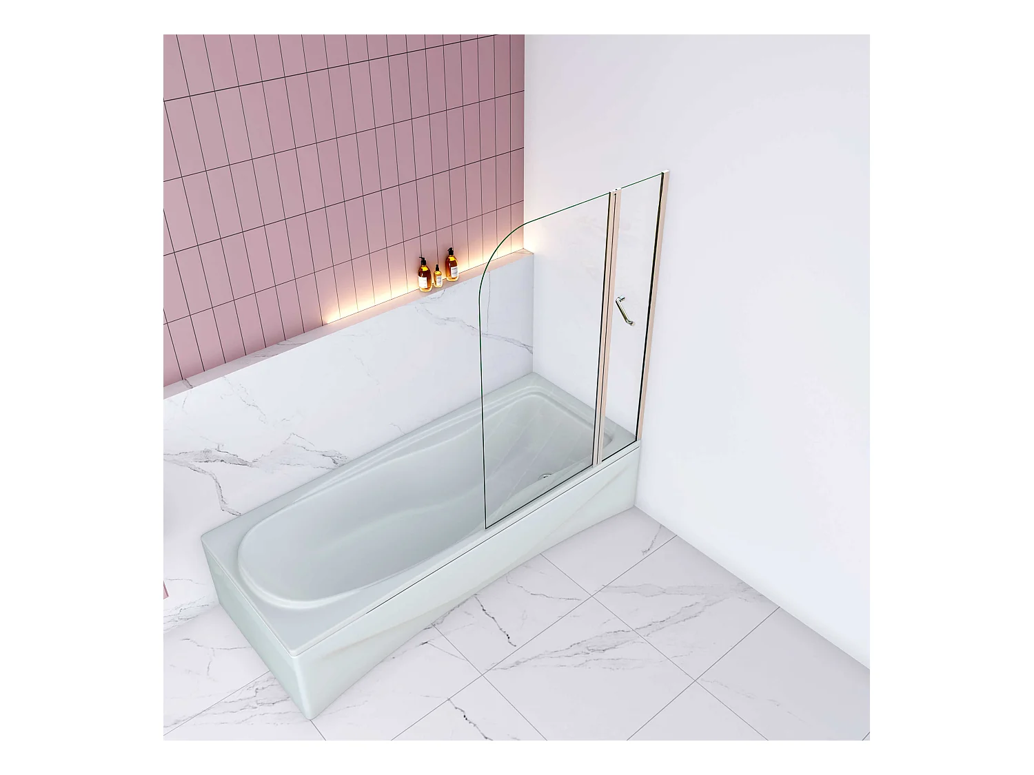 AICA Pare baignoire Chroom au hoek arrondis draaibaar 180°– L100xH140cm —5mm verre trempé stijl industriel—Pose omkeerbaar met porte-serviette