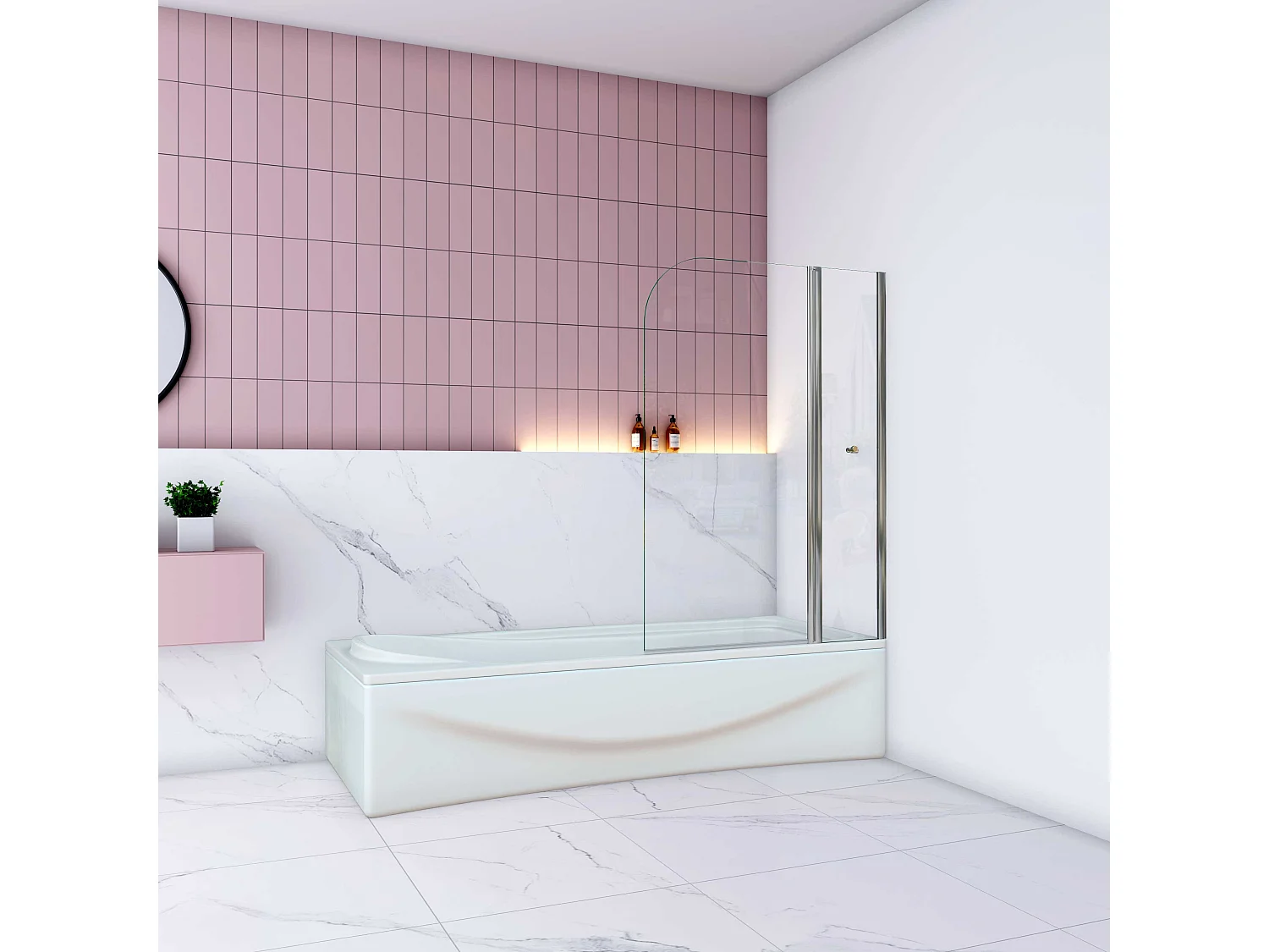 AICA Pare baignoire Chrome au angle arrondis pivotant 180°– L100xH140cm —5mm verre trempé style industriel—Pose réversible avec porte-serviette