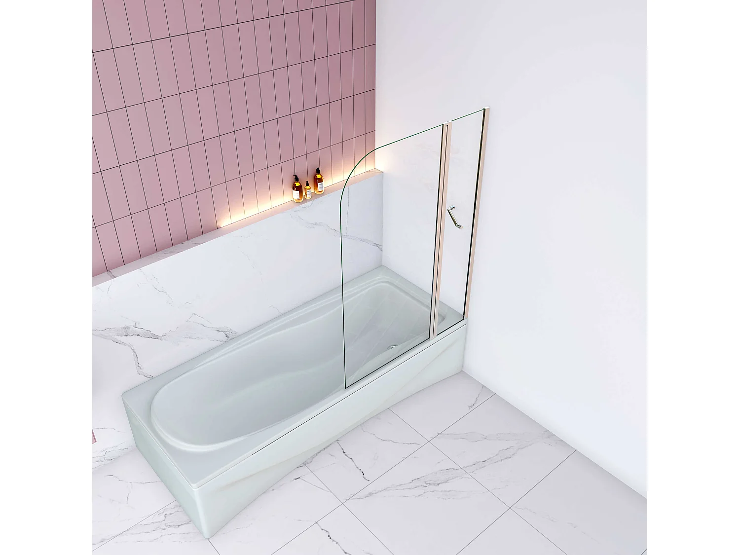 AICA Pare baignoire Chrome au angle arrondis pivotant 180°– L100xH140cm —5mm verre trempé style industriel—Pose réversible avec porte-serviette