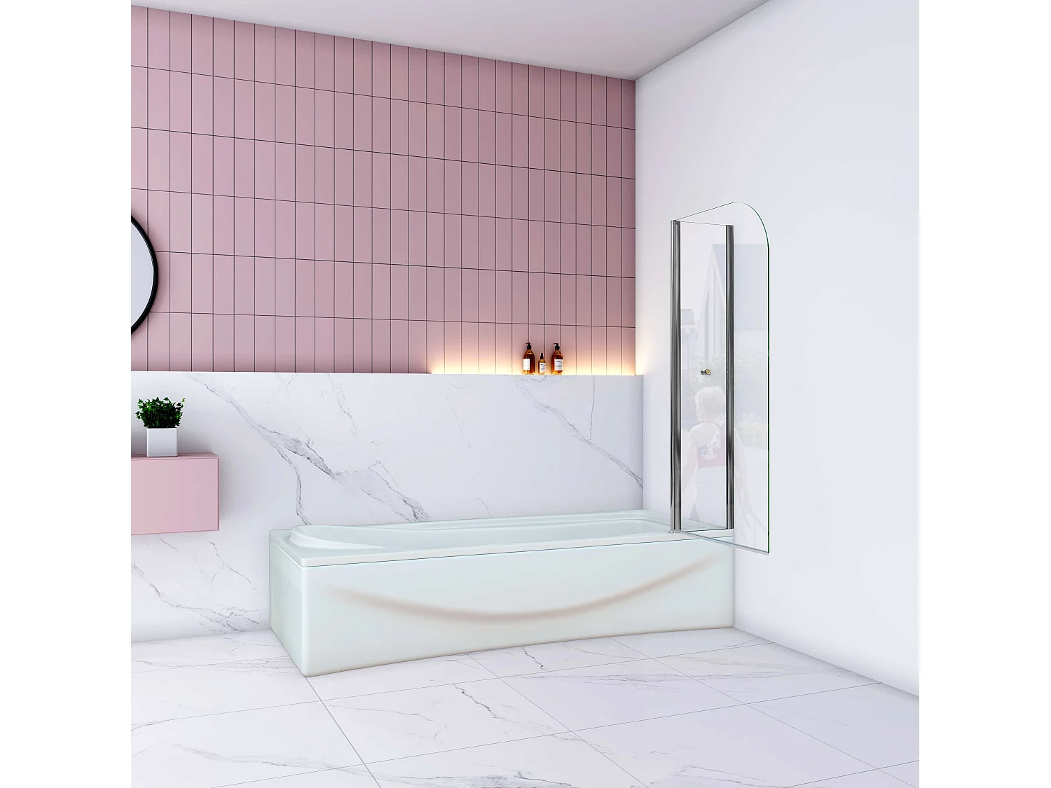 AICA Pare baignoire Chrome au angle arrondis pivotant 180°– L100xH140cm —5mm verre trempé style industriel—Pose réversible avec porte-serviette