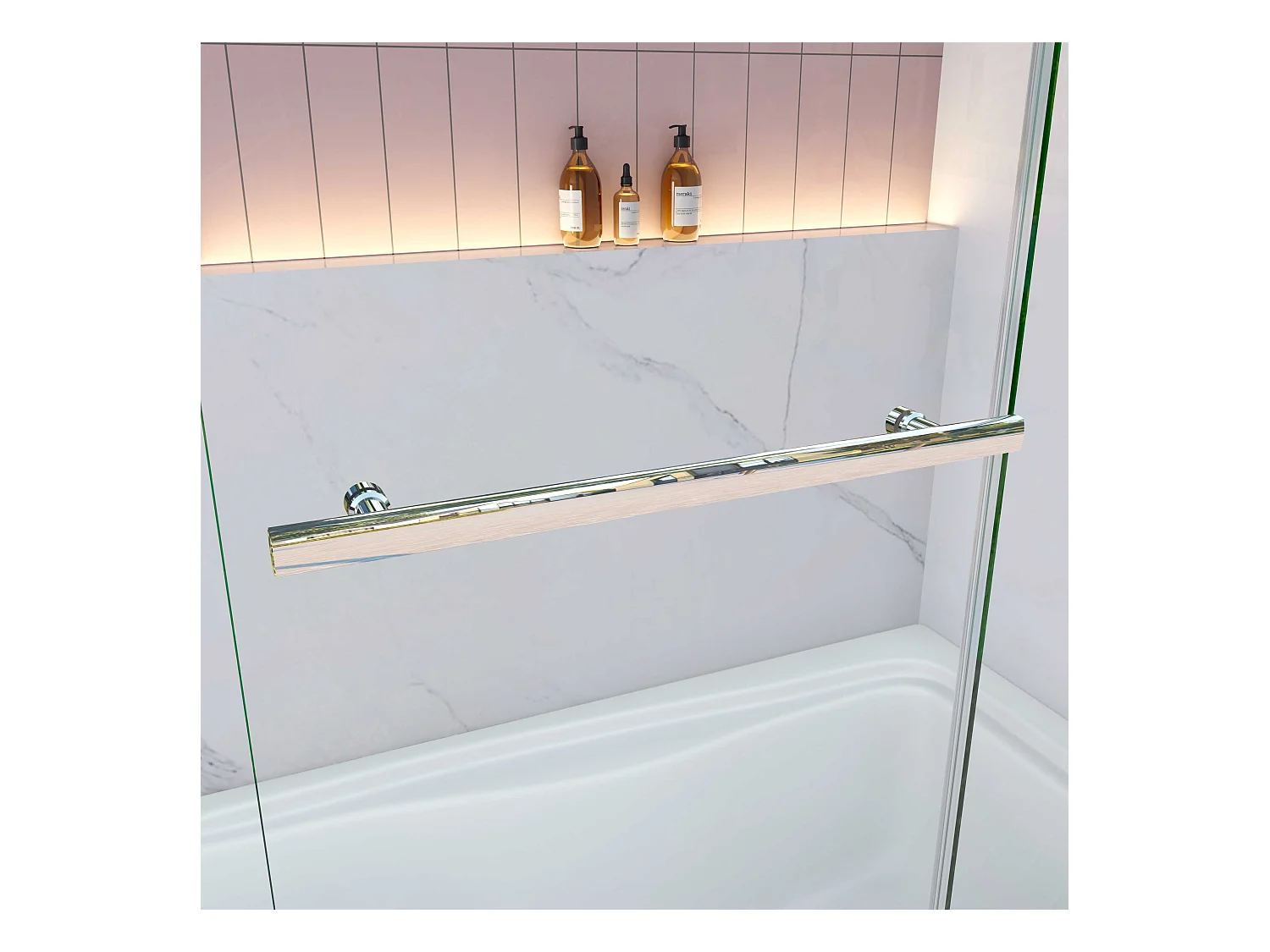 AICA Pare baignoire Chrome au angle arrondis pivotant 180°– L100xH140cm —style industriel avec porte-serviette – 6mm verre anticalcaire