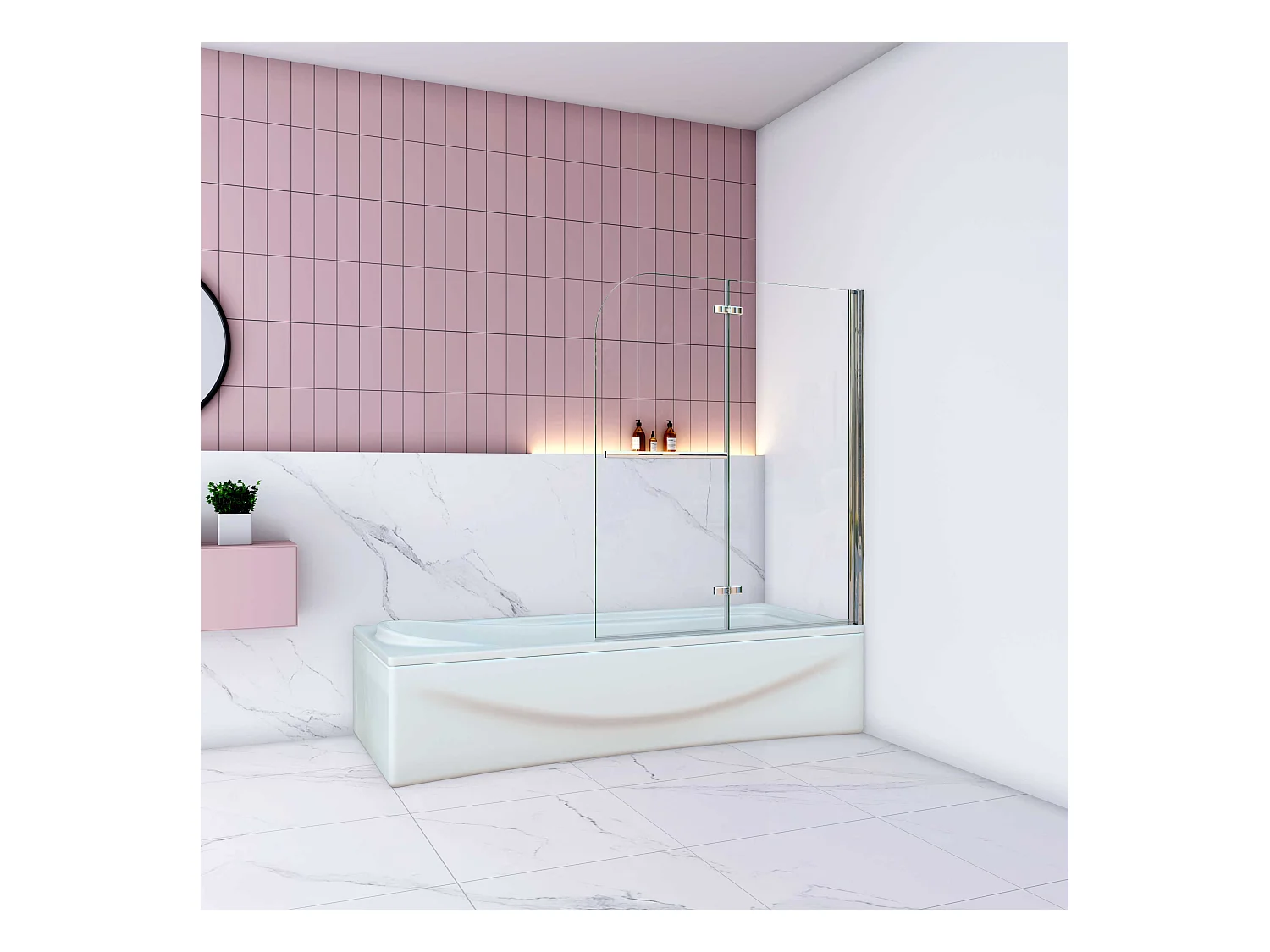AICA Pare baignoire Chrome au angle arrondis pivotant 180°– L100xH140cm —style industriel avec porte-serviette – 6mm verre anticalcaire