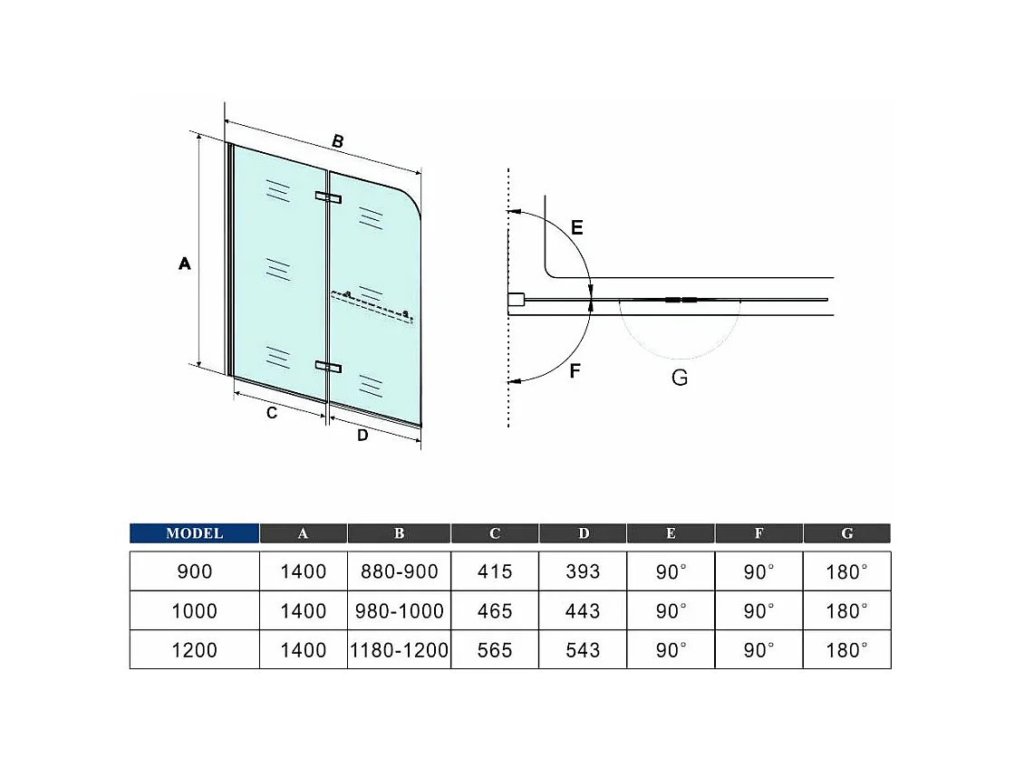 AICA Pare baignoire Chrome au angle arrondis pivotant 180°– L100xH140cm —style industriel avec porte-serviette – 6mm verre anticalcaire