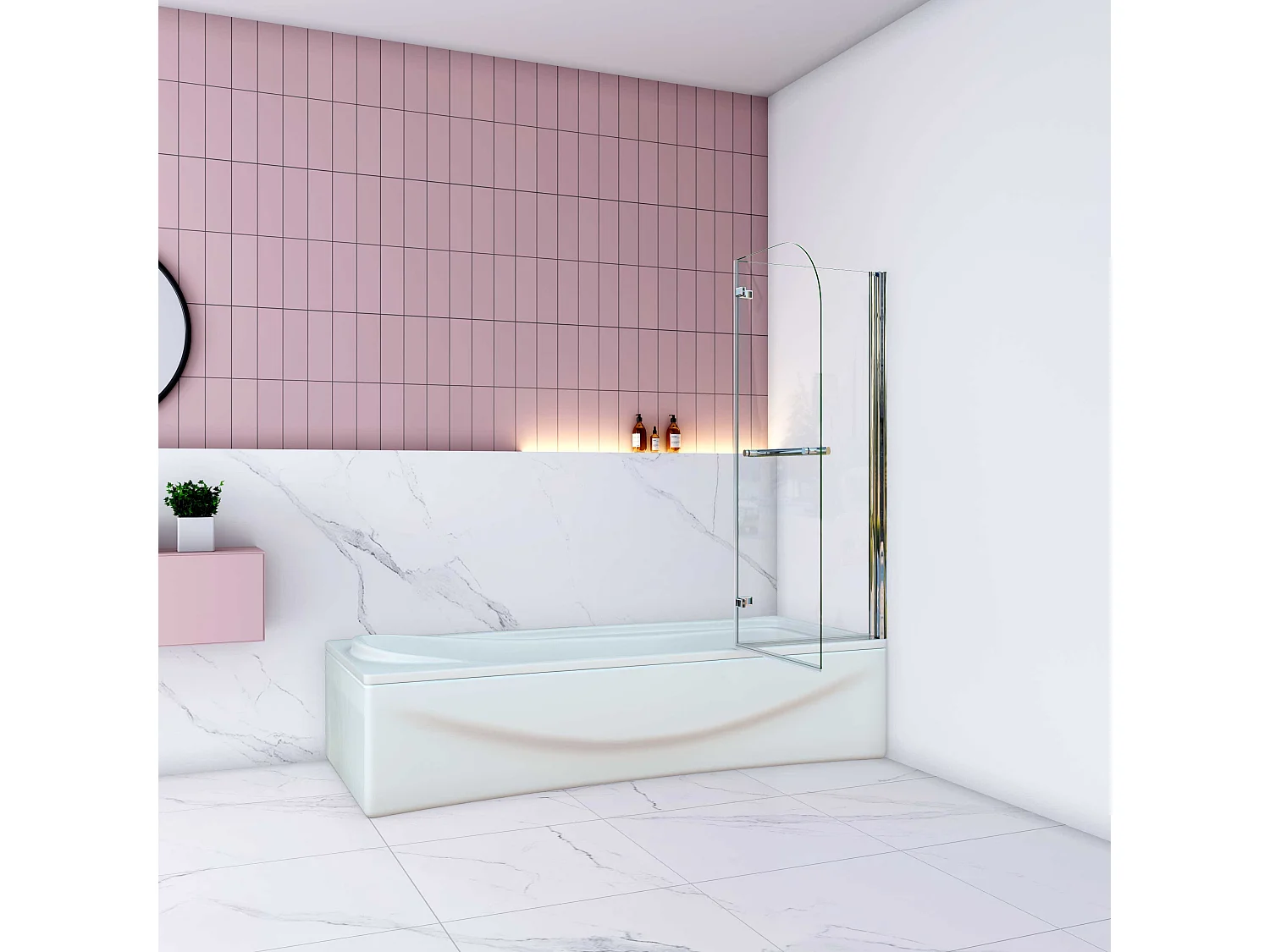 AICA Pare baignoire Chrome au angle arrondis pivotant 180°– L100xH140cm —style industriel avec porte-serviette – 6mm verre anticalcaire