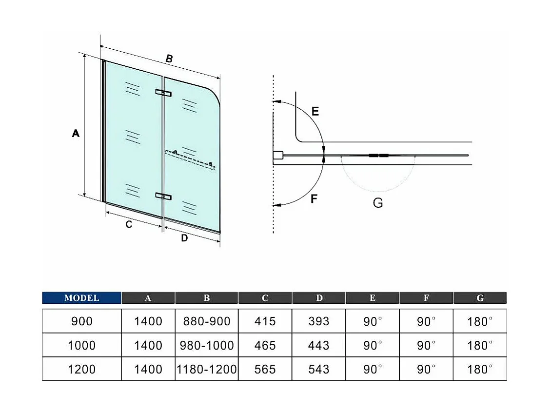 AICA Pare baignoire Chrome au angle arrondis pivotant 180°– L100xH140cm —style industriel avec porte-serviette – 6mm verre anticalcaire
