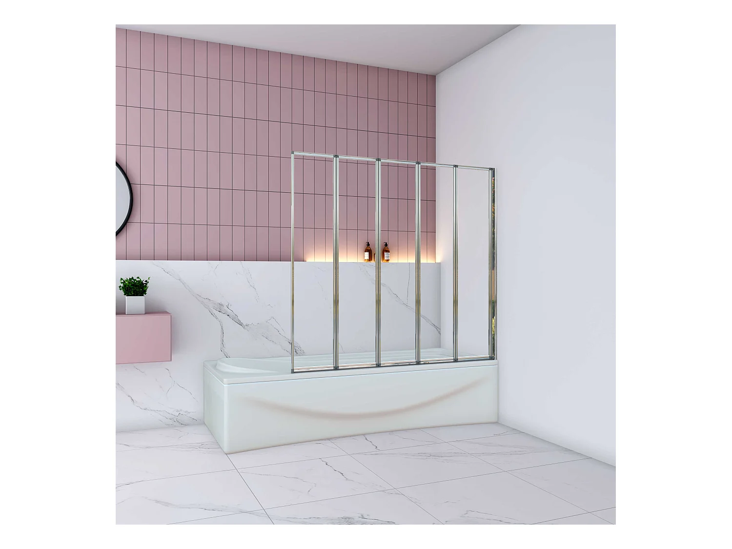 AICA Pare baignoire Chrome pliante style industriel – L120xH140cm avec pliante 5 volets pliants 180°–Installation réversible–4mm verre trempé