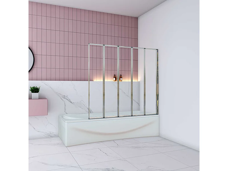 AICA Pare baignoire Chrome pliante style industriel – L120xH140cm avec pliante 5 volets pliants 180°–Installation réversible–4mm verre trempé