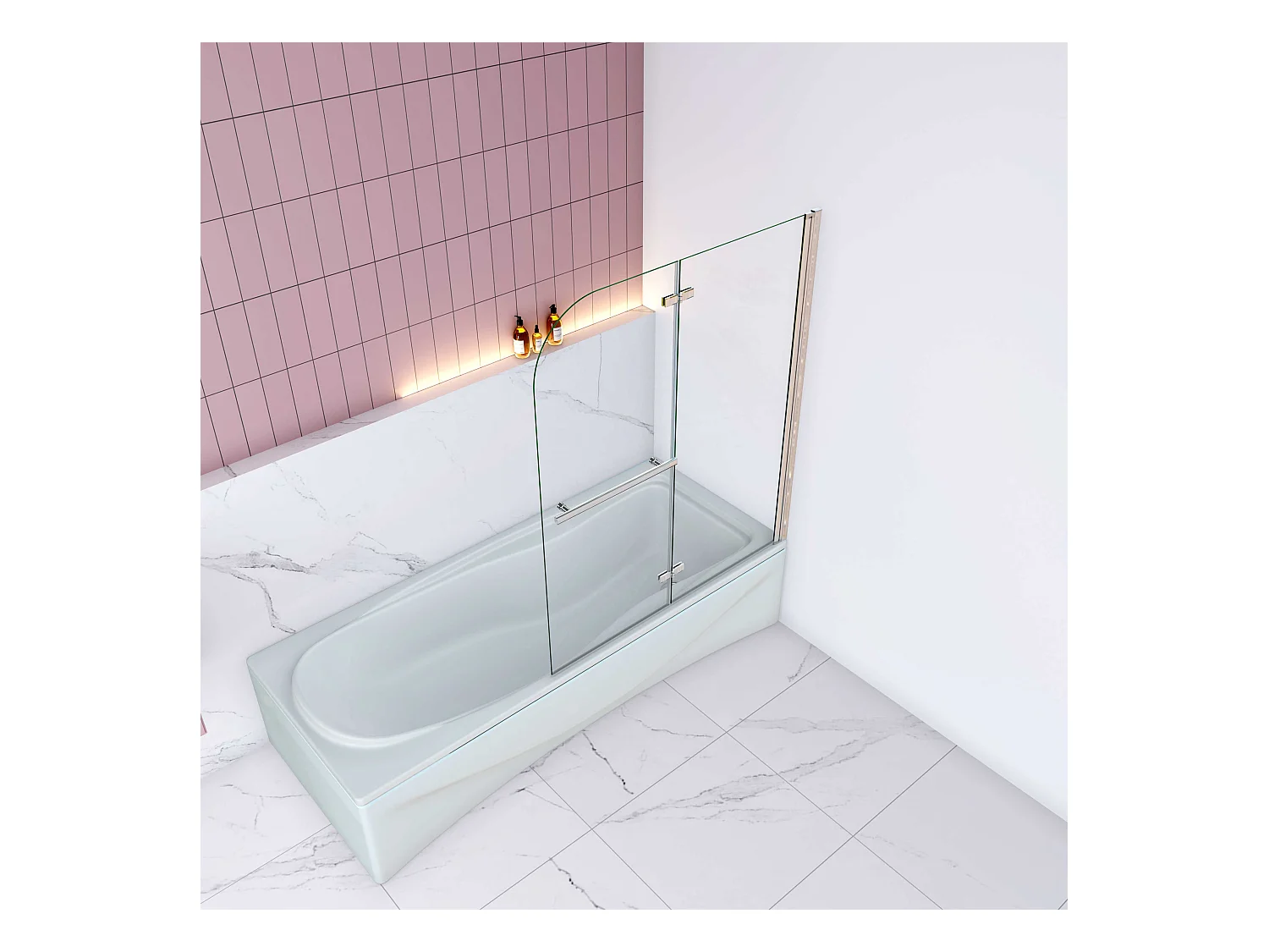 AICA Pare baignoire Chrome au angle arrondis pivotant 180°– L120xH140cm —style industriel avec porte-serviette – 6mm verre anticalcaire