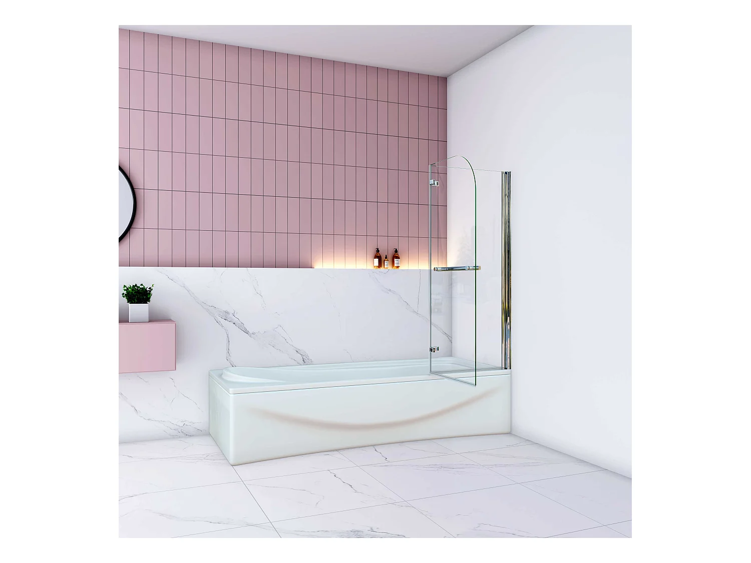 AICA Pare baignoire Chrome au angle arrondis pivotant 180°– L120xH140cm —style industriel avec porte-serviette – 6mm verre anticalcaire