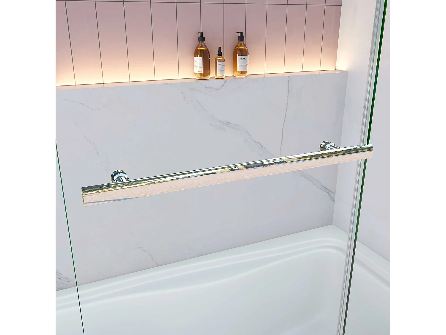 AICA Pare baignoire Chrome au angle arrondis pivotant 180°– L120xH140cm —style industriel avec porte-serviette – 6mm verre anticalcaire