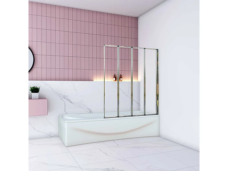 AICA Pare baignoire Chrome pliante style industriel – L100xH140cm avec pliante 4 volets pliants 180°–Installation réversible–4mm verre trempé