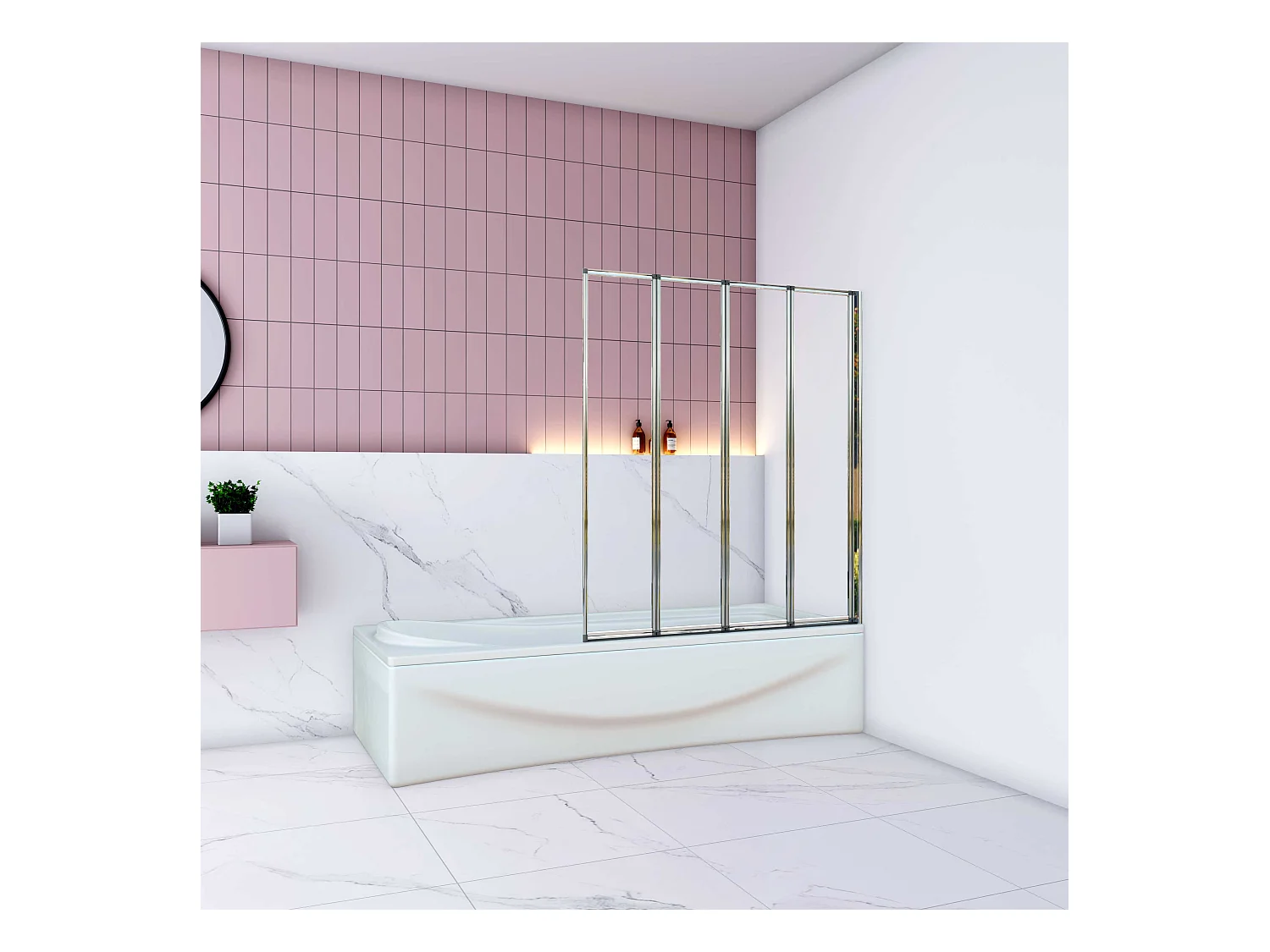 AICA Pare baignoire Chrome pliante style industriel – L100xH140cm avec pliante 4 volets pliants 180°–Installation réversible–4mm verre trempé