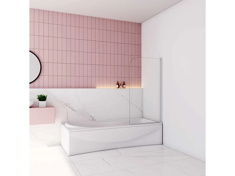 AICA Pare baignoire Blanc mat au angle arrondis pivotant à 180°– L70xH130cm —style industriel  –  4mm verre trempé — Installation réversible