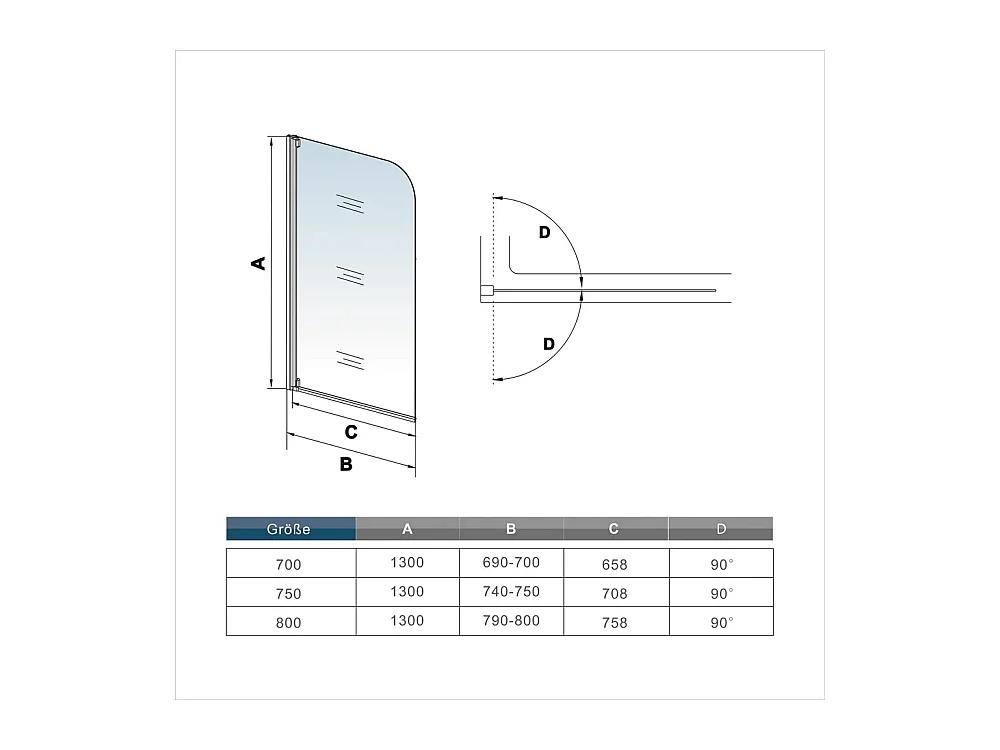 AICA Matwit Badscherm met Afgeronde Hoeken, 180° Draaibaar – L70xH130cm — Industriële Stijl – 4mm Gehard Glas — Omkeerbare Installatie