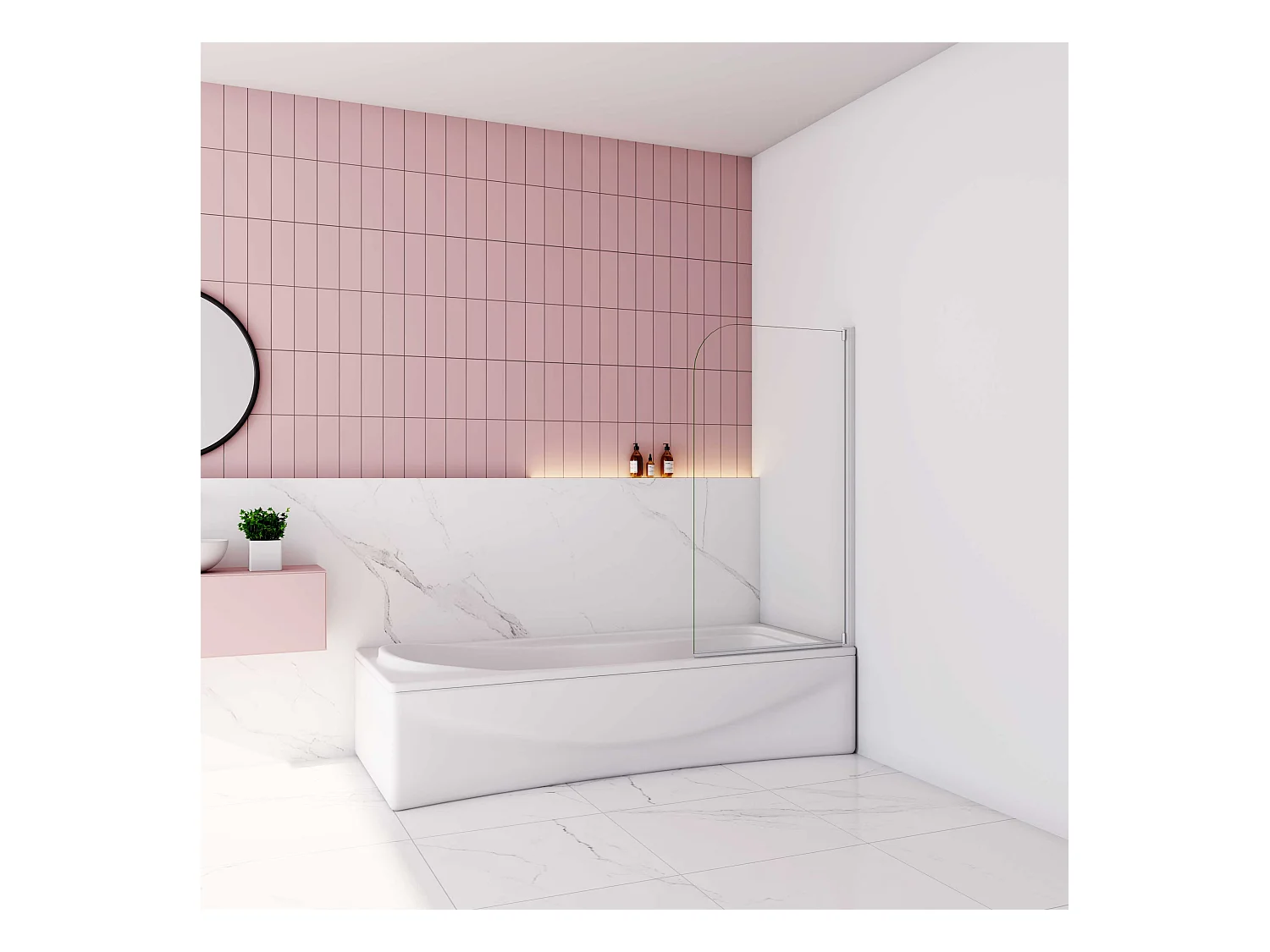 AICA Pare baignoire Blanc mat au angle arrondis pivotant à 180°– L70xH130cm —style industriel  –  4mm verre trempé — Installation réversible