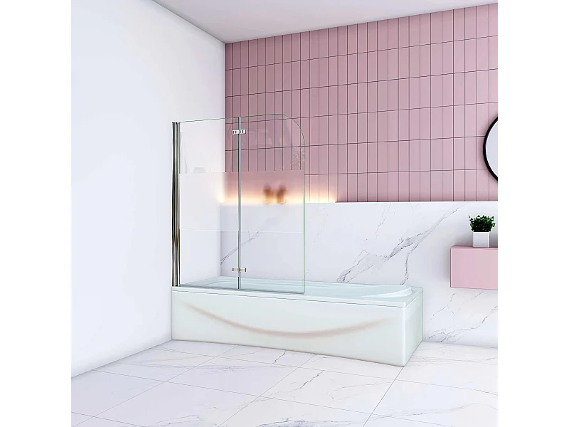 AICA Pare baignoire Chrome au angle arrondis pivotant 180°–L100xH140cm —bande central dépoli et style industriel – 6mm verre anticalcaire