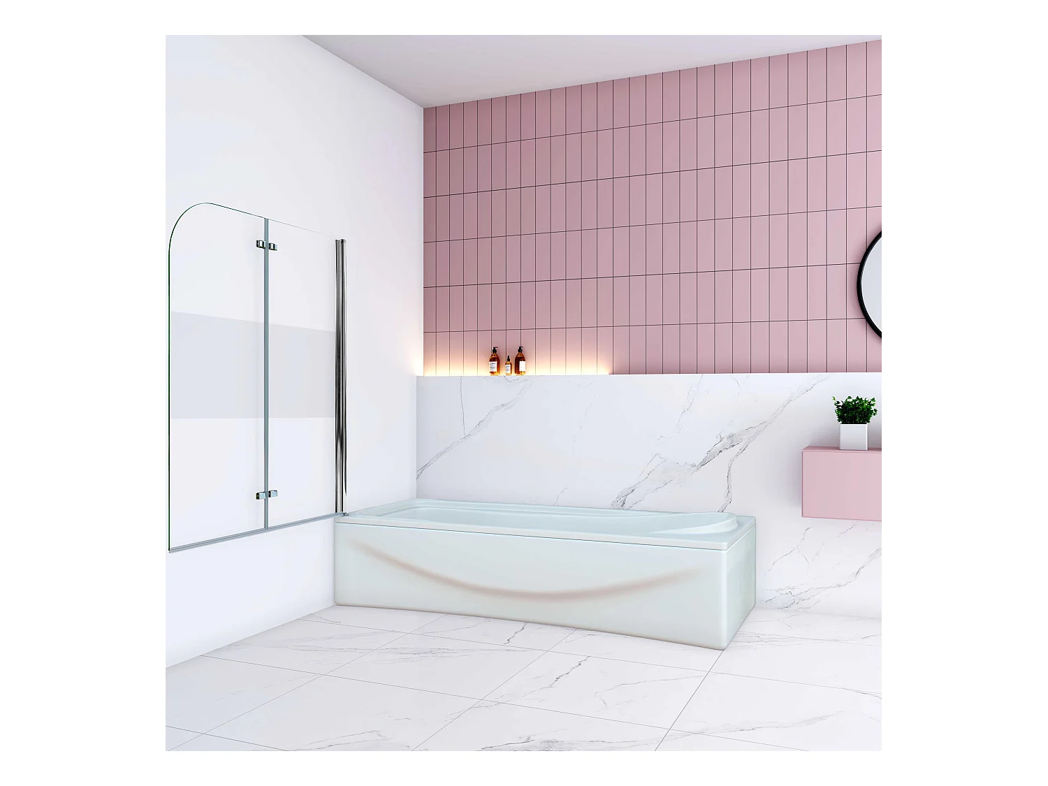 AICA Pare baignoire Chrome au angle arrondis pivotant 180°–L100xH140cm —bande central dépoli et style industriel – 6mm verre anticalcaire