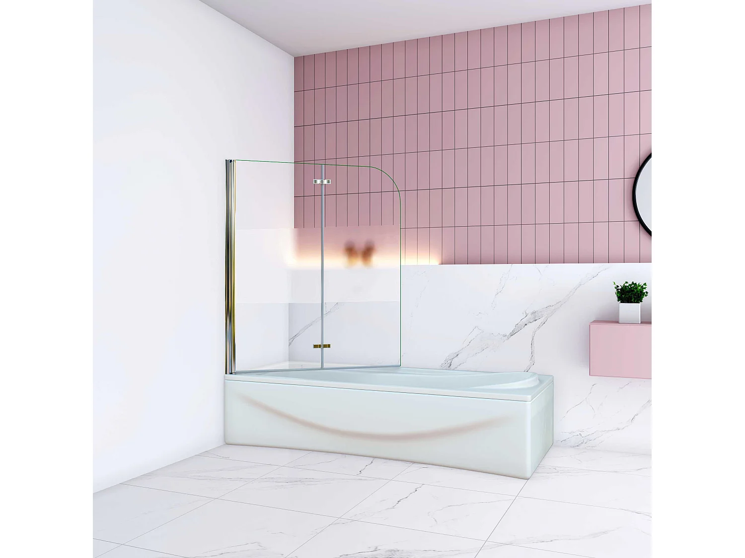 AICA Pare baignoire Chrome au angle arrondis pivotant 180°–L100xH140cm —bande central dépoli et style industriel – 6mm verre anticalcaire