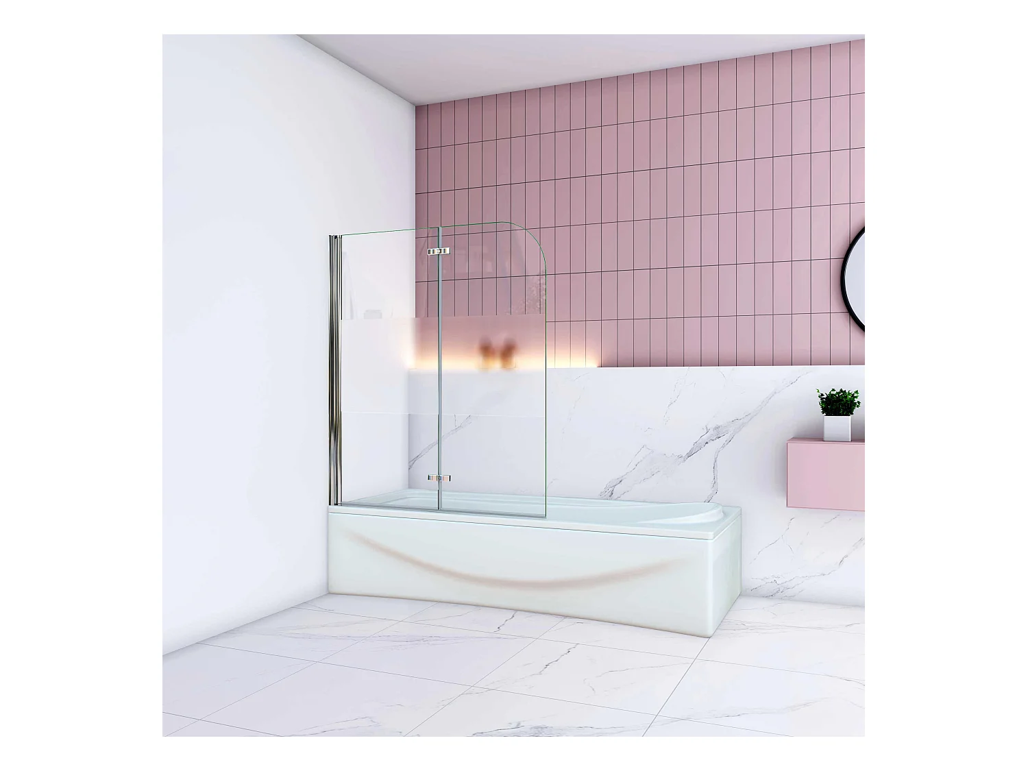 AICA Pare baignoire Chrome au angle arrondis pivotant 180°–L120xH140cm —bande central dépoli et style industriel – 6mm verre anticalcaire