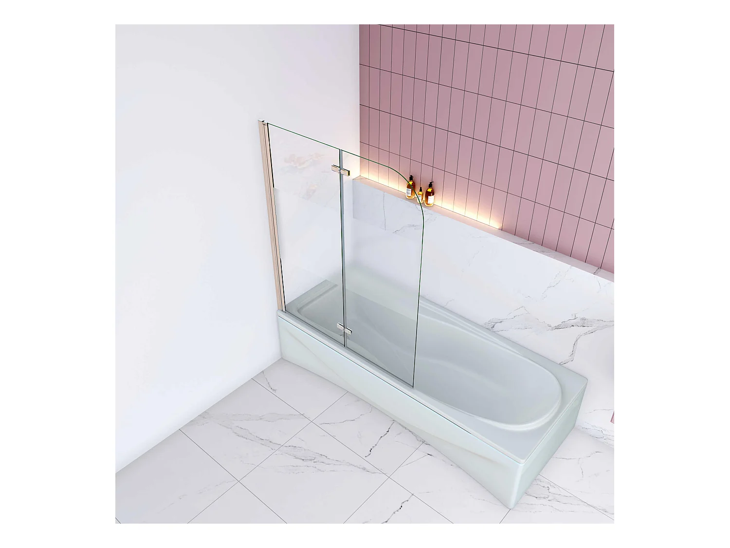 AICA Pare baignoire Chrome au angle arrondis pivotant 180°–L120xH140cm —bande central dépoli et style industriel – 6mm verre anticalcaire
