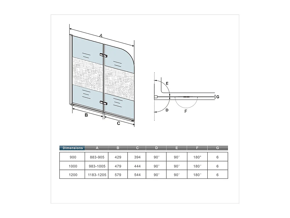 AICA Pare baignoire Chrome au angle arrondis pivotant 180°–L120xH140cm —bande central dépoli et style industriel – 6mm verre anticalcaire