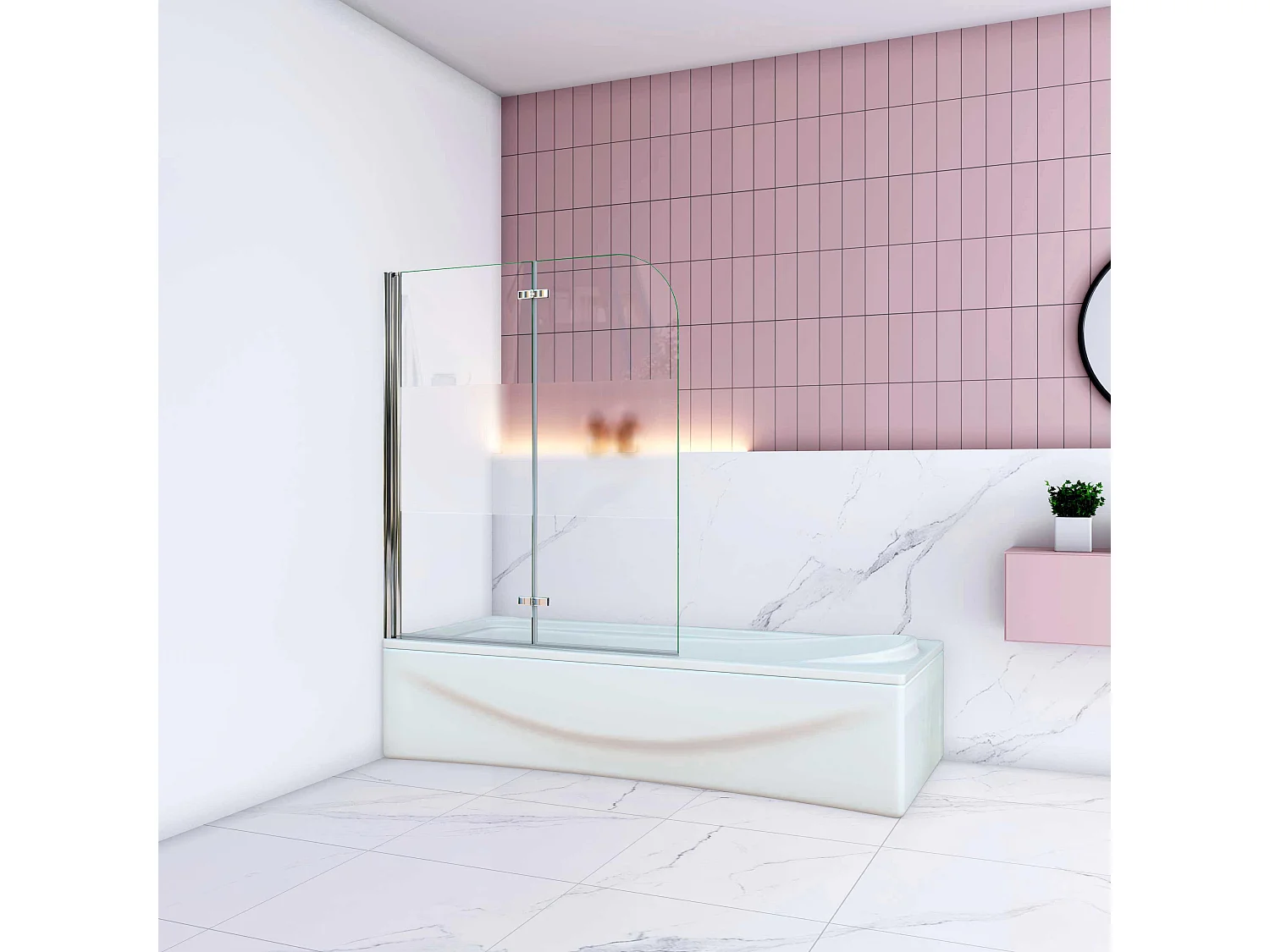 AICA Pare baignoire Chrome au angle arrondis pivotant 180°–L120xH140cm —bande central dépoli et style industriel – 6mm verre anticalcaire