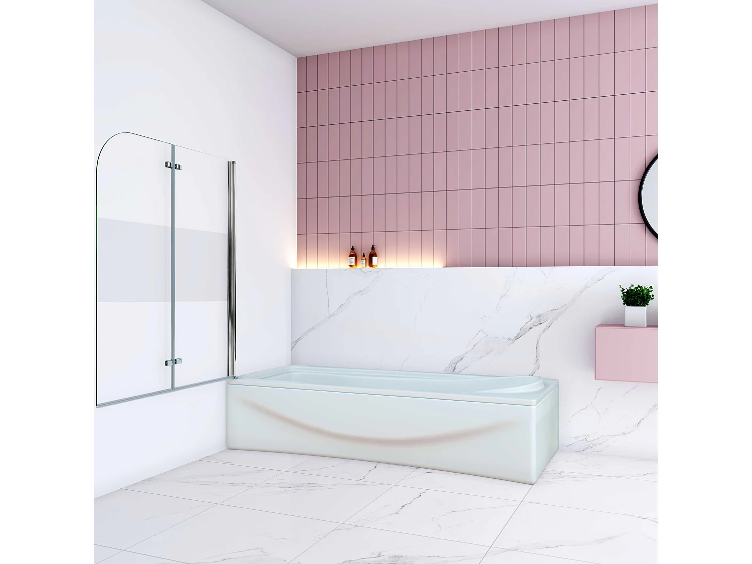 AICA Pare baignoire Chrome au angle arrondis pivotant 180°–L120xH140cm —bande central dépoli et style industriel – 6mm verre anticalcaire