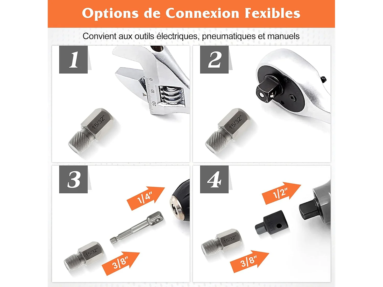 Kit de 27 PCS Extracteur de Vis et Boulons à Double Tête Entraînement 3/8 ", Extracteur à Tête Hexagonale et Multi-Cannelures (Orange)