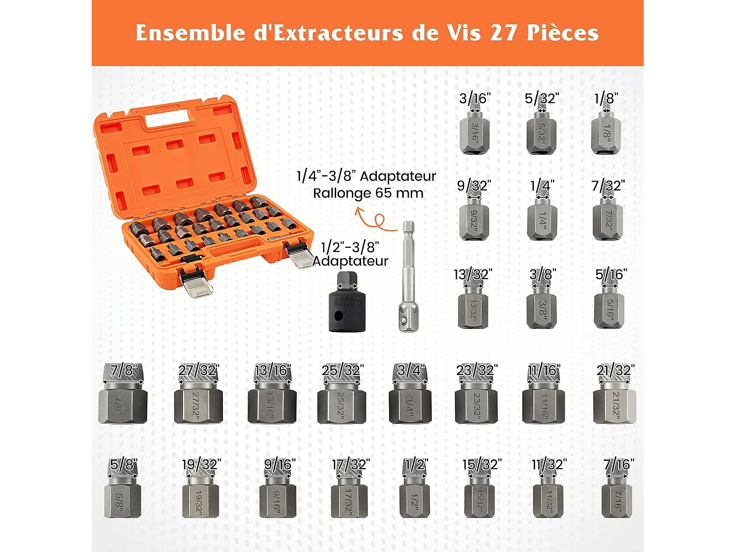 Kit de 27 PCS Extracteur de Vis et Boulons à Double Tête Entraînement 3/8 ", Extracteur à Tête Hexagonale et Multi-Cannelures (Orange)