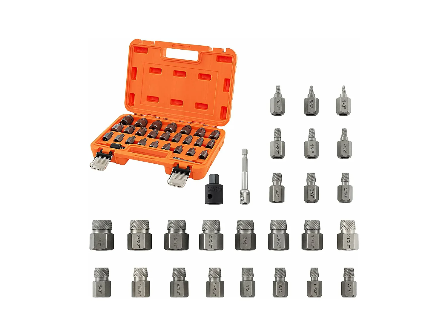 27-delige set met dubbele kop voor het verwijderen van schroeven en bouten, 3/8" aandrijving, zeskantkop en multi-spline extractor (oranje)