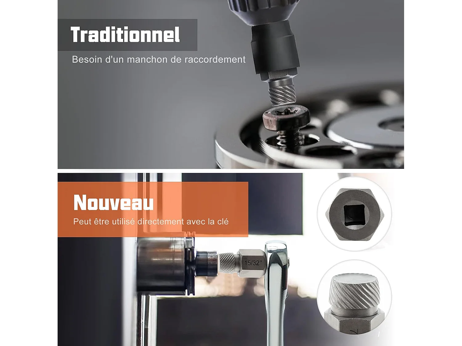 Kit de 27 PCS Extracteur de Vis et Boulons à Double Tête Entraînement 3/8 ", Extracteur à Tête Hexagonale et Multi-Cannelures (Orange)