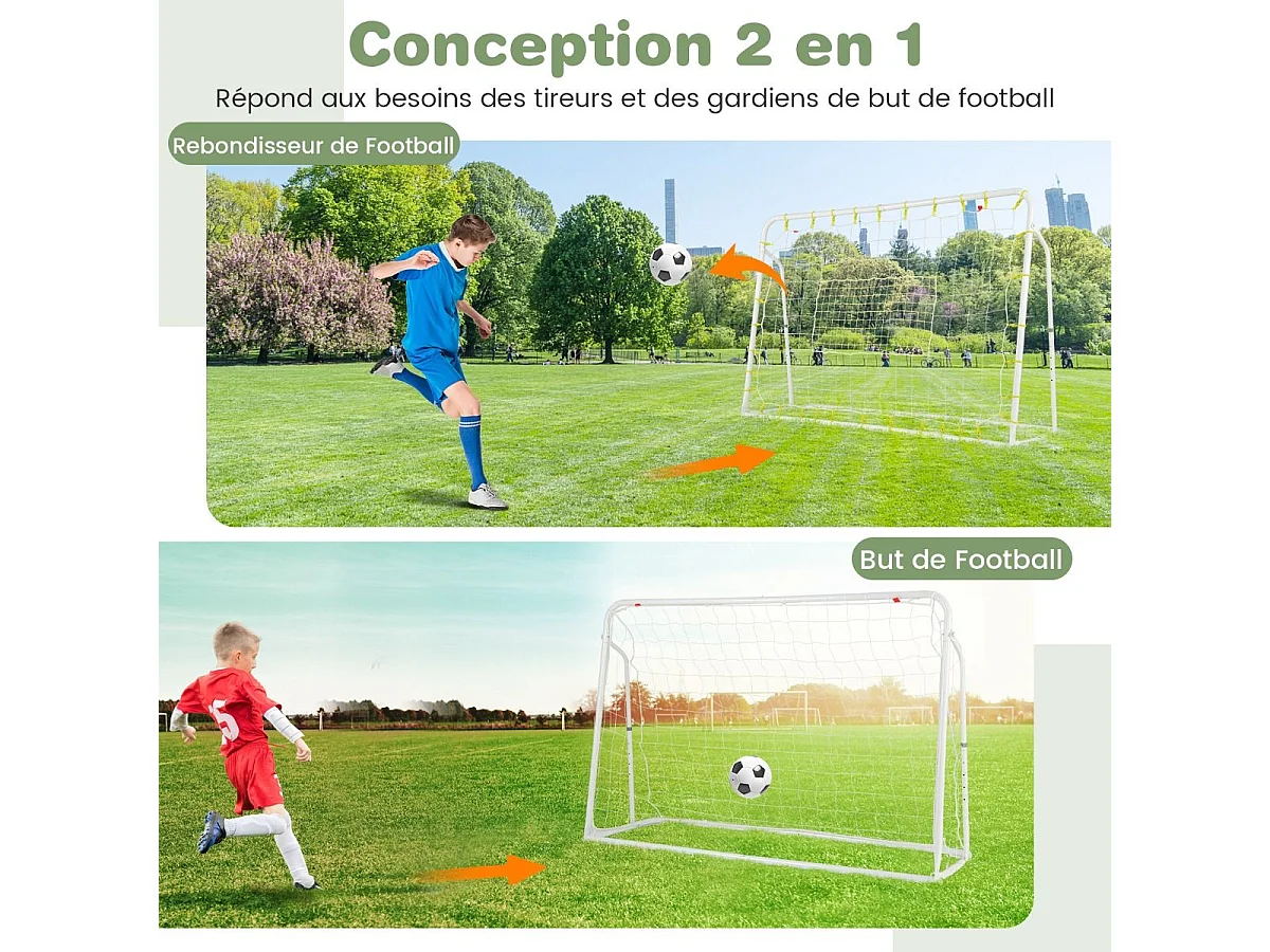 But de Football Exterieur 2 en 1 à 187 x 122,5 cm, Cage de Foot avec Filet de Rebond Angle Réglable Cadre en Métal Robuste, pour +6 Ans (Blanc)