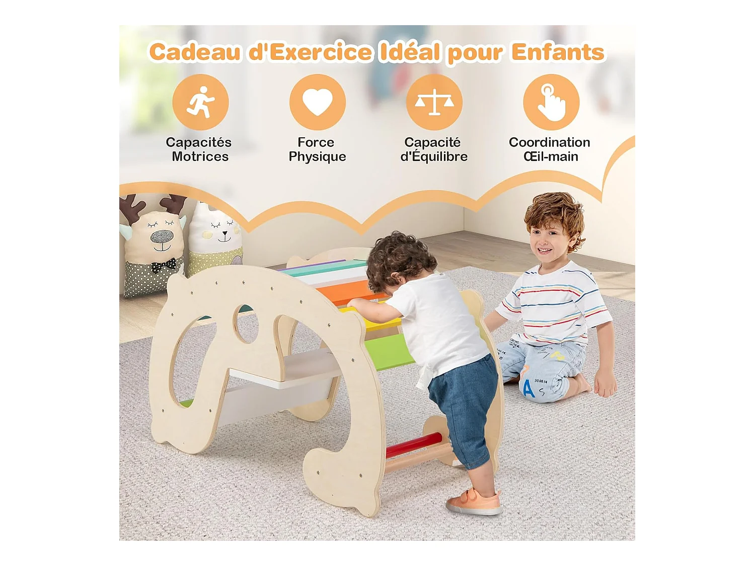 2 en 1 Chaise à Bascule Enfants avec Siège et Dossier Lisses, Arche d'escalade Montessori en Bois avec Poignée & Coins Arrondis, Charge 50kg pour Enfants de 1 an+