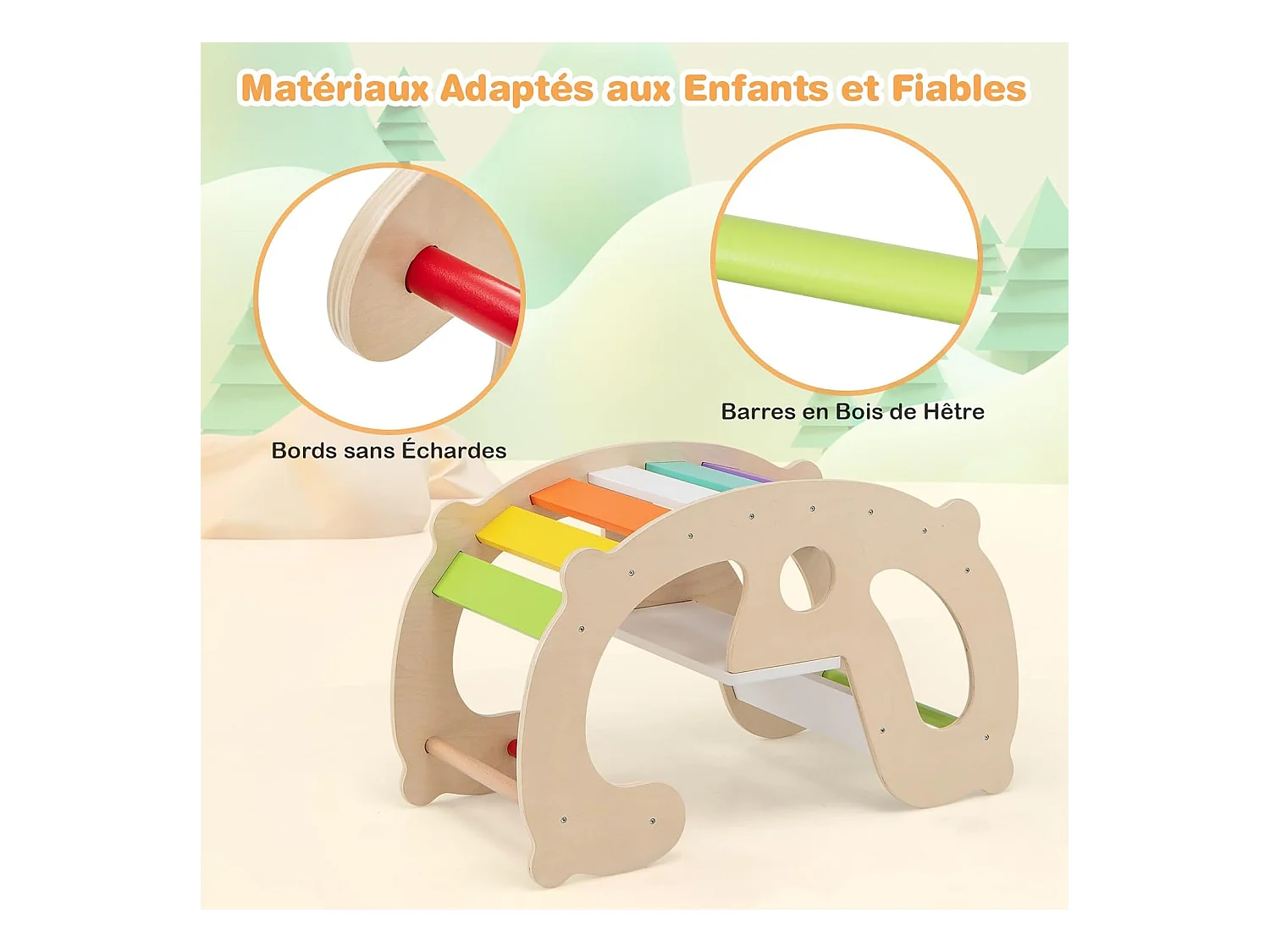 2 en 1 Chaise à Bascule Enfants avec Siège et Dossier Lisses, Arche d'escalade Montessori en Bois avec Poignée & Coins Arrondis, Charge 50kg pour Enfants de 1 an+