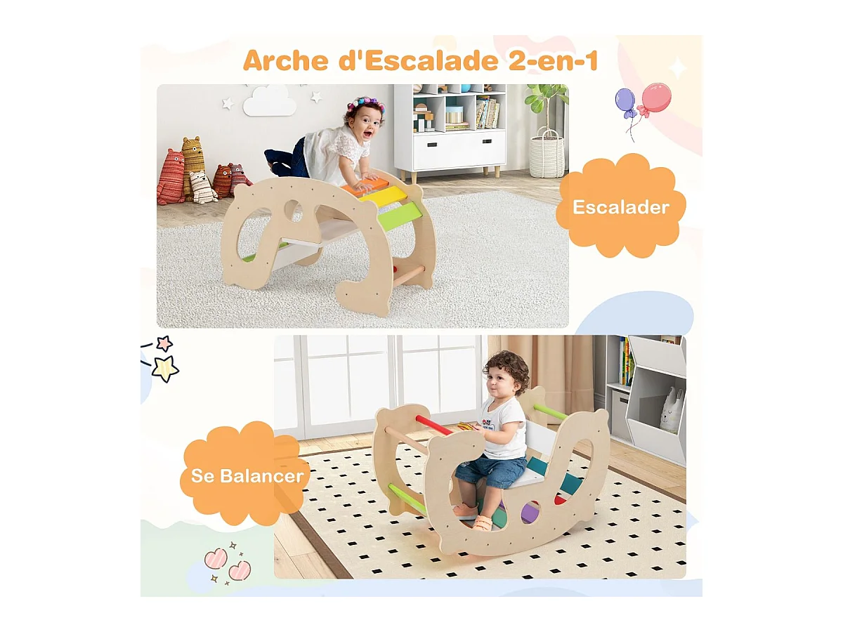 2 en 1 Chaise à Bascule Enfants avec Siège et Dossier Lisses, Arche d'escalade Montessori en Bois avec Poignée & Coins Arrondis, Charge 50kg pour Enfants de 1 an+
