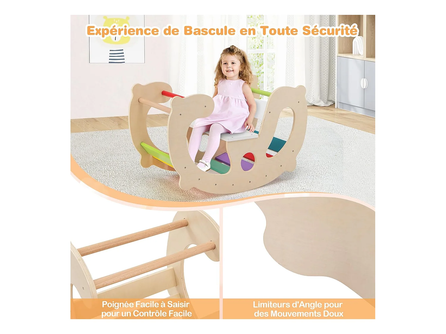 2 en 1 Chaise à Bascule Enfants avec Siège et Dossier Lisses, Arche d'escalade Montessori en Bois avec Poignée & Coins Arrondis, Charge 50kg pour Enfants de 1 an+