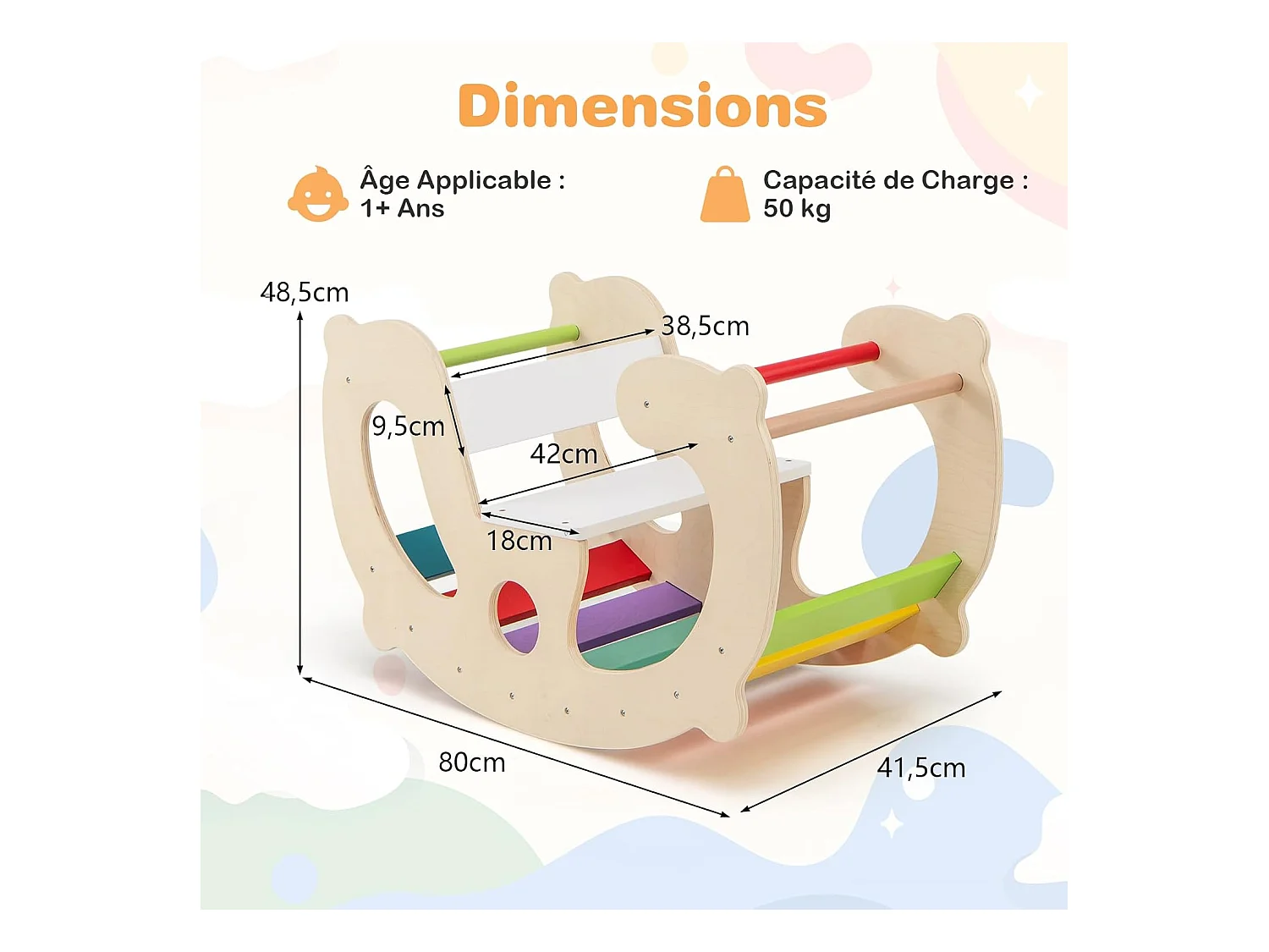 2 en 1 Chaise à Bascule Enfants avec Siège et Dossier Lisses, Arche d'escalade Montessori en Bois avec Poignée & Coins Arrondis, Charge 50kg pour Enfants de 1 an+