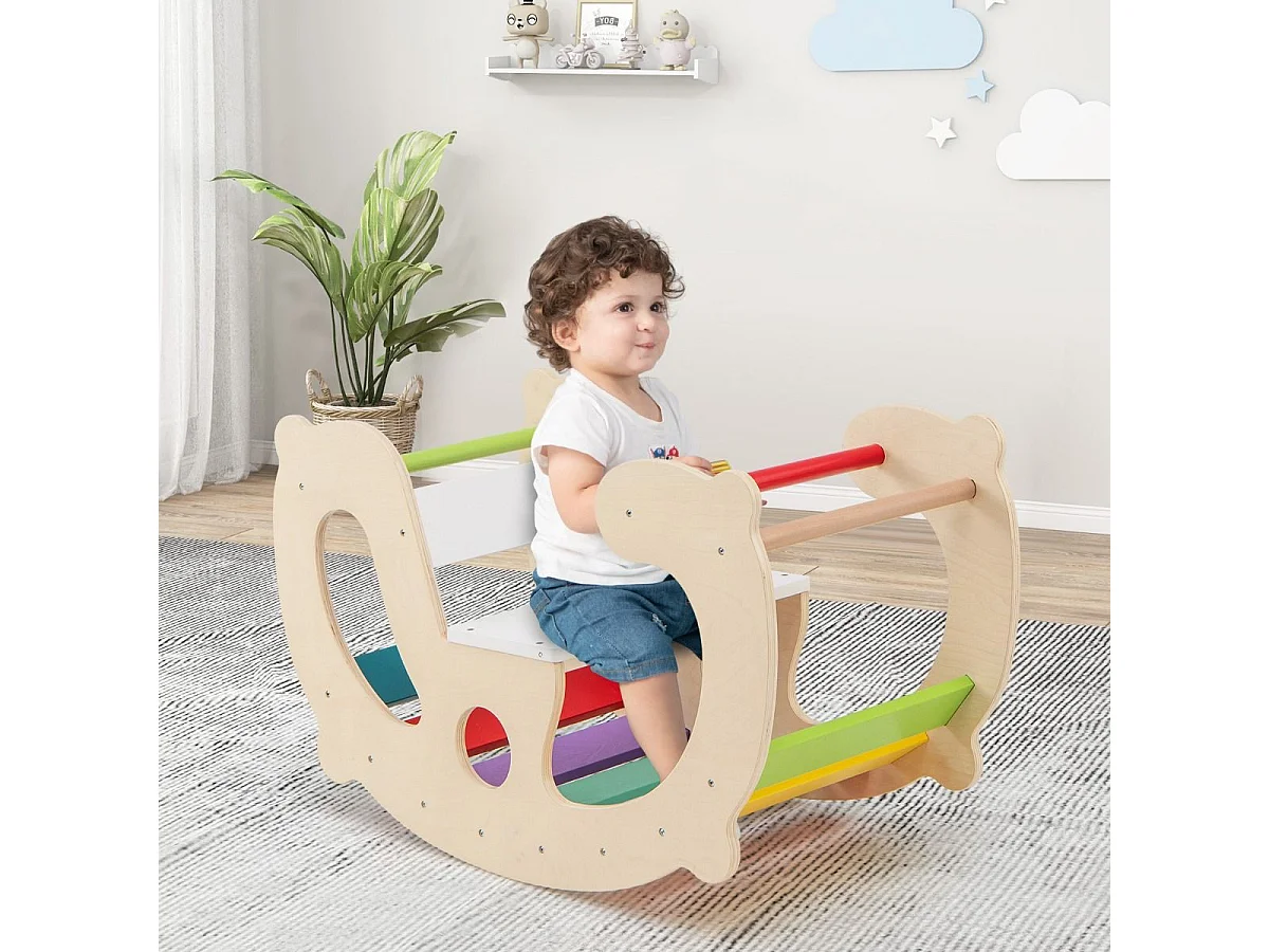 2 en 1 Chaise à Bascule Enfants avec Siège et Dossier Lisses, Arche d'escalade Montessori en Bois avec Poignée & Coins Arrondis, Charge 50kg pour Enfants de 1 an+