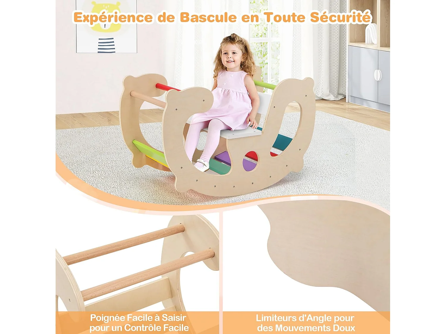 2 en 1 Chaise à Bascule Enfants avec Siège et Dossier Lisses, Arche d'escalade Montessori en Bois avec Poignée & Coins Arrondis, Charge 50kg pour Enfants de 1 an+