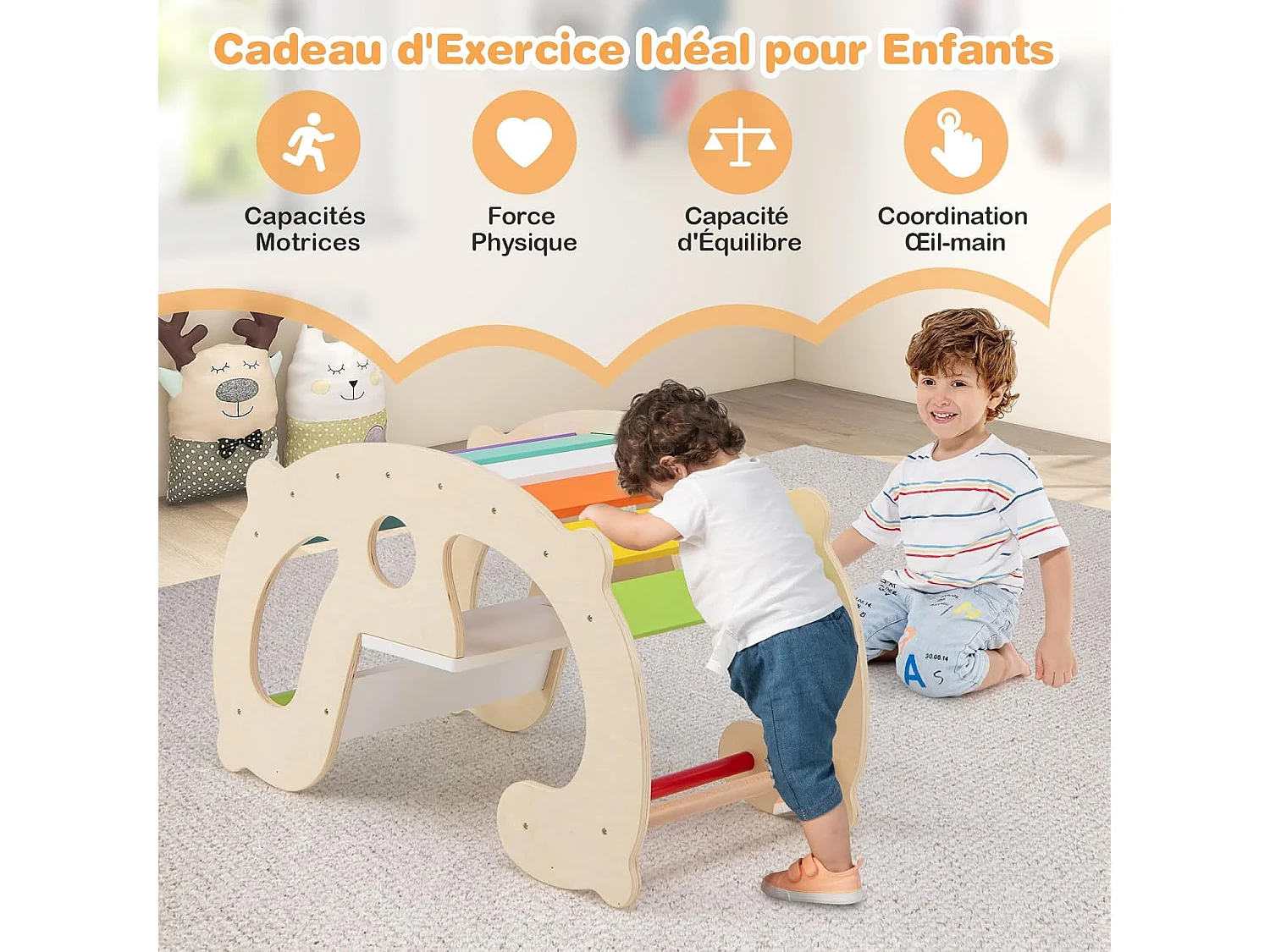 2 en 1 Chaise à Bascule Enfants avec Siège et Dossier Lisses, Arche d'escalade Montessori en Bois avec Poignée & Coins Arrondis, Charge 50kg pour Enfants de 1 an+