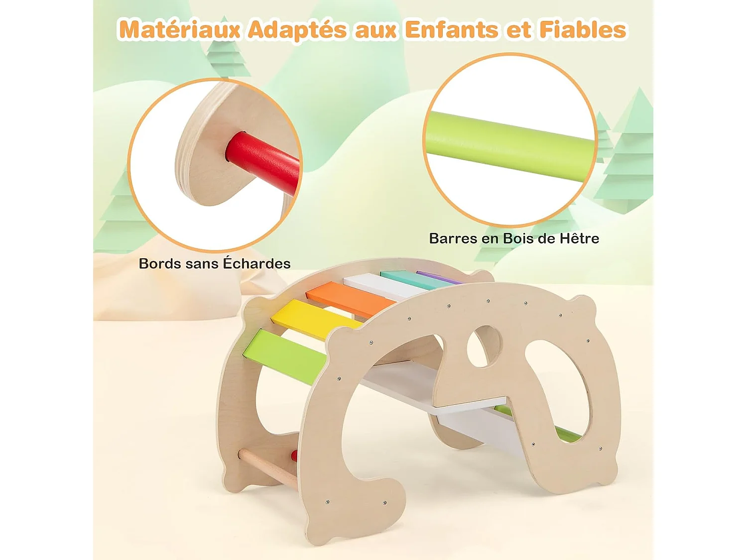 2 en 1 Chaise à Bascule Enfants avec Siège et Dossier Lisses, Arche d'escalade Montessori en Bois avec Poignée & Coins Arrondis, Charge 50kg pour Enfants de 1 an+