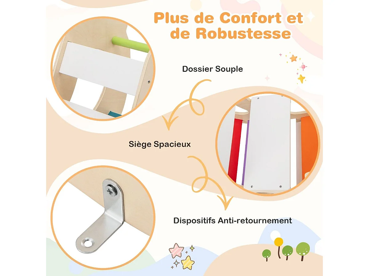 2 en 1 Chaise à Bascule Enfants avec Siège et Dossier Lisses, Arche d'escalade Montessori en Bois avec Poignée & Coins Arrondis, Charge 50kg pour Enfants de 1 an+