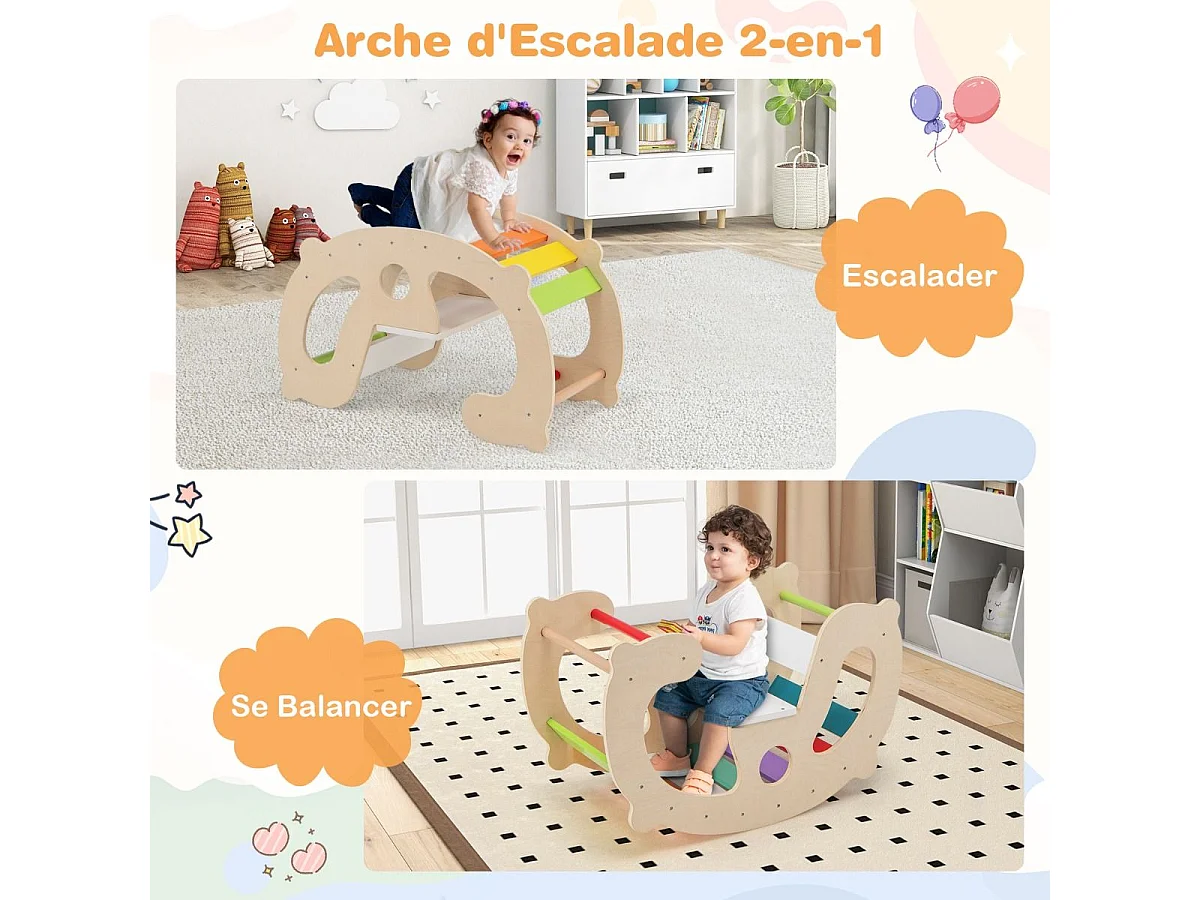 2 en 1 Chaise à Bascule Enfants avec Siège et Dossier Lisses, Arche d'escalade Montessori en Bois avec Poignée & Coins Arrondis, Charge 50kg pour Enfants de 1 an+